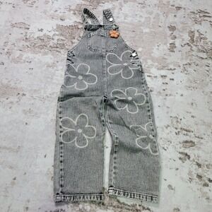 Girls Floral Denim Overalls 6Y Wide Leg Distressed Gray Y2K Style
